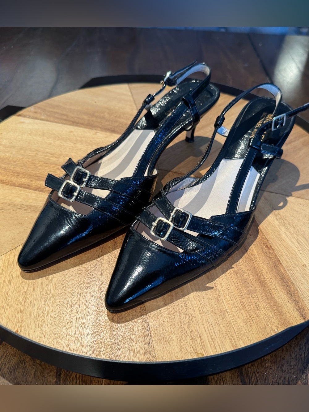 Michael Kors like new Black patent Pointed Slingback Heels with Buckle Straps